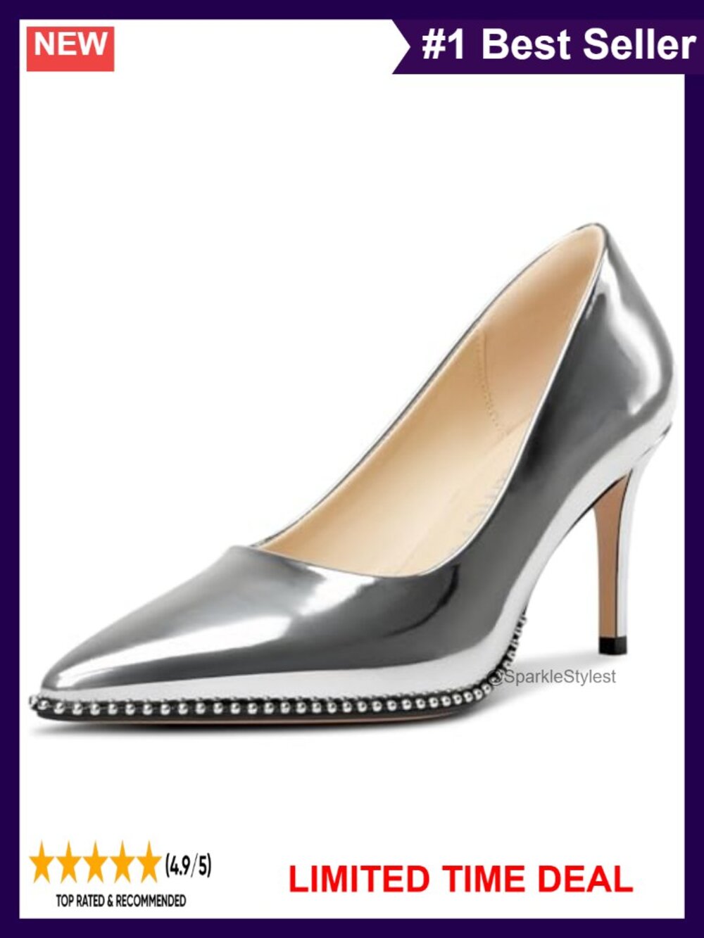 Women Beaded Pumps Pointed Toe Slip On Stiletto Mid Heels Classic Dress Party
